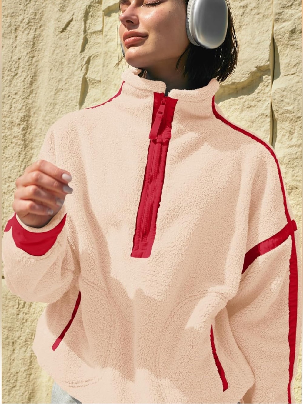 Womens Half Zip Sherpa Fleece Oversized Pullover Sweatshirt with Pockets